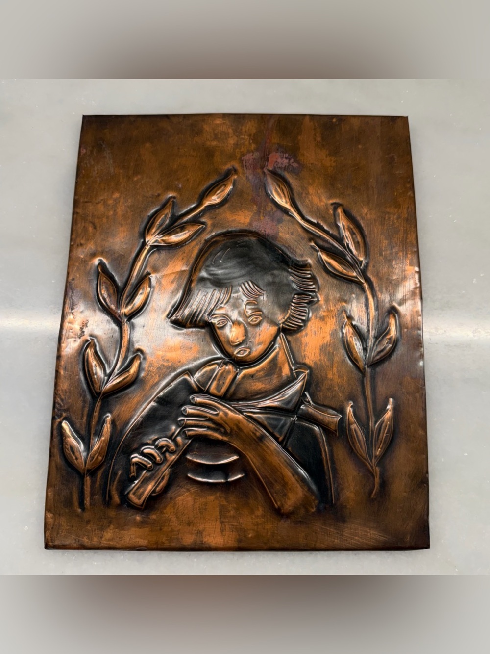 Vintage Copper Embossed Wall Plaque Flute Player Woman Repousse Art 7x9